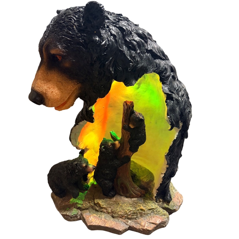 Black Bear Family Figurine Color Changing LED Light Cabin Decor Sculpture